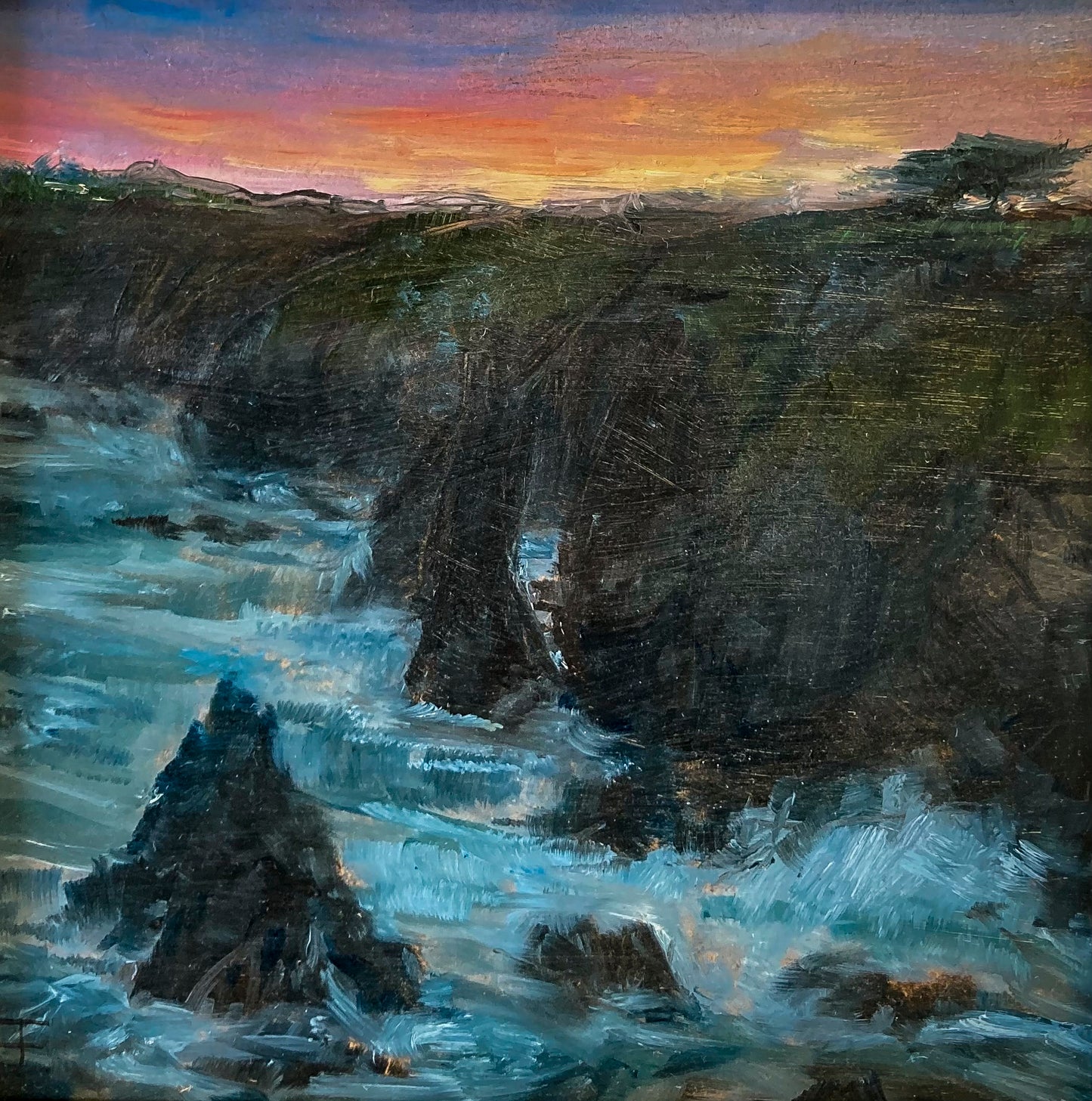 Colorful oil painting; impressionistic view of coastline w/water, cliffs, and sunset sky; 6"x6" image; artist E. E. Jacks