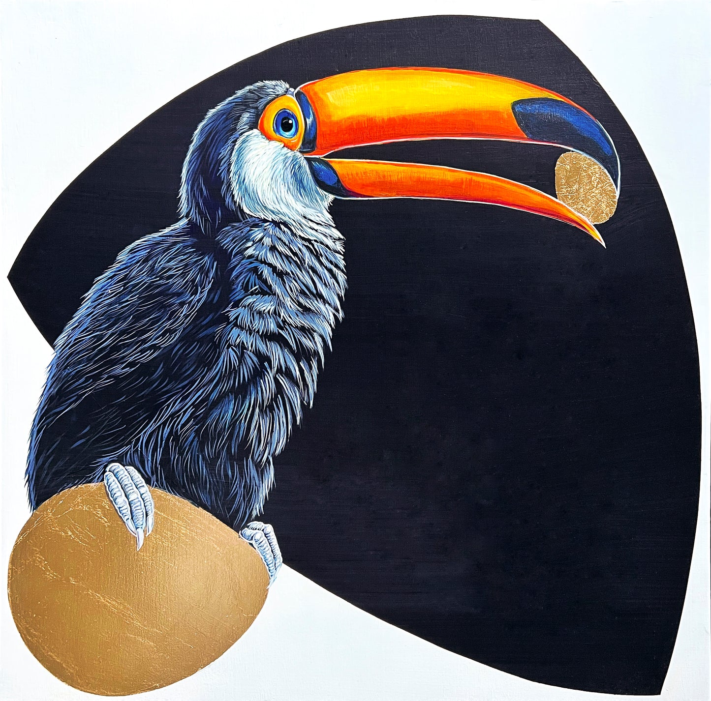 Marie Lavallee has created a detailed image of a large Toucan perched on a gold leaf oval shape. He holds a similar, yet smaller oval in his beak. The background is a solid black curved triangle. 