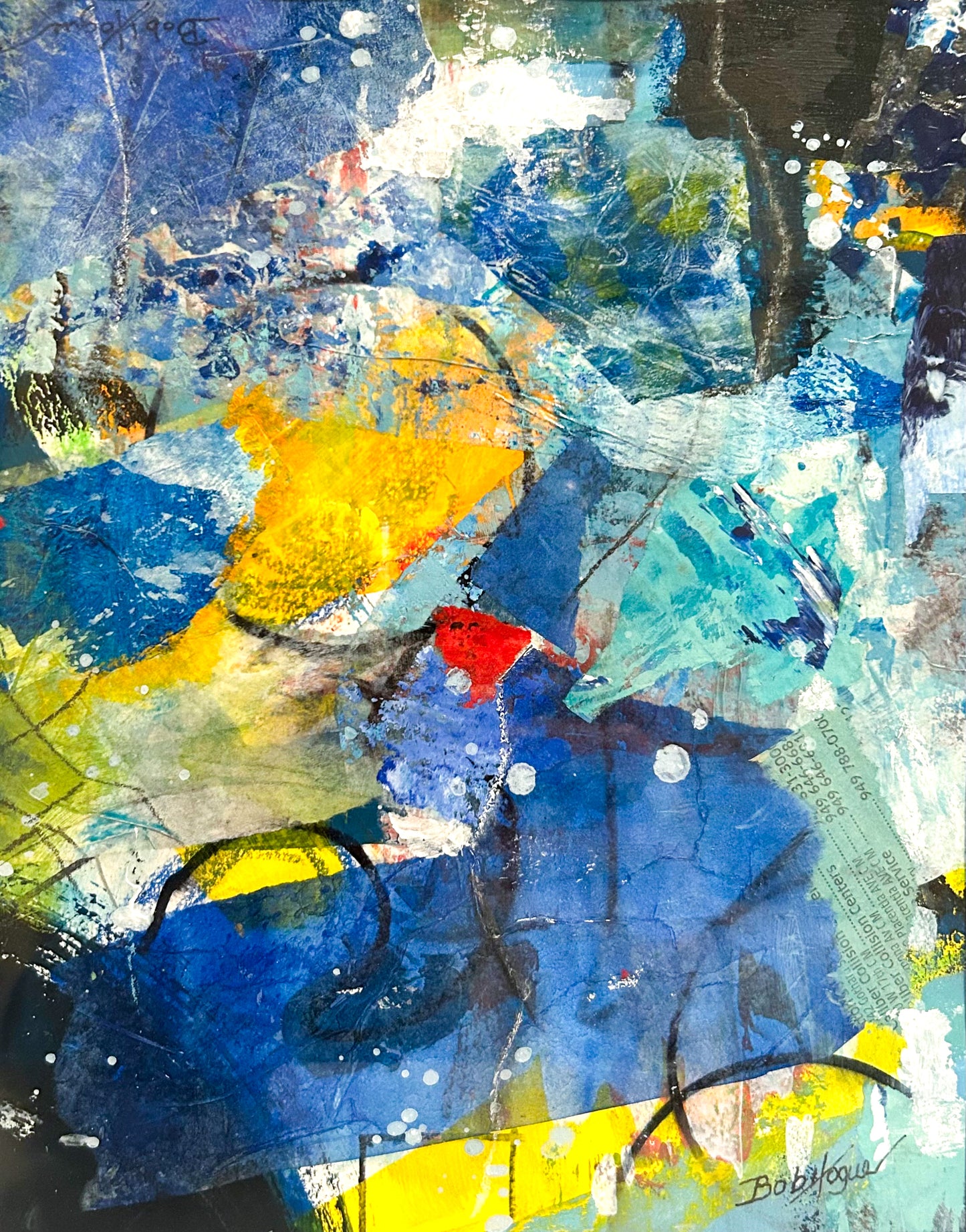 Colorful abstract painting using acrylic; predominant blue, yellow, with teal highlights; artist Bob Hogue; 8"x10"