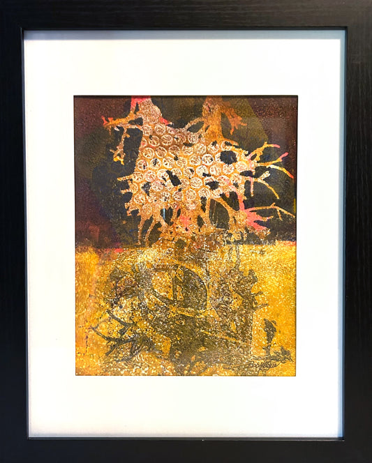 Colorful original abstract image in acrylic using yellow and gold hues; 8"x10" image; artist Bob Hogue; w/white mat and black wood frame measures 11”Wx14”H