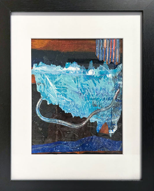 Colorful original abstract image in acrylic using primarily teal and blue hues; 8"x10" image; artist Bob Hogue; w/white mat and black wood frame 11”Wx14”H