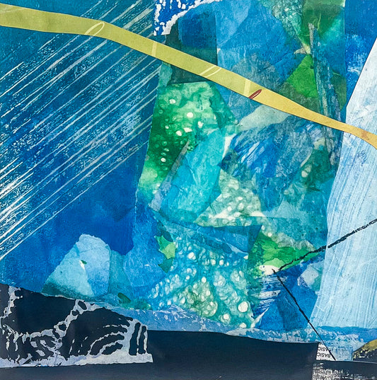 8"x8" abstract artwork with blue, green, and yellow colors; artist Bob Hogue