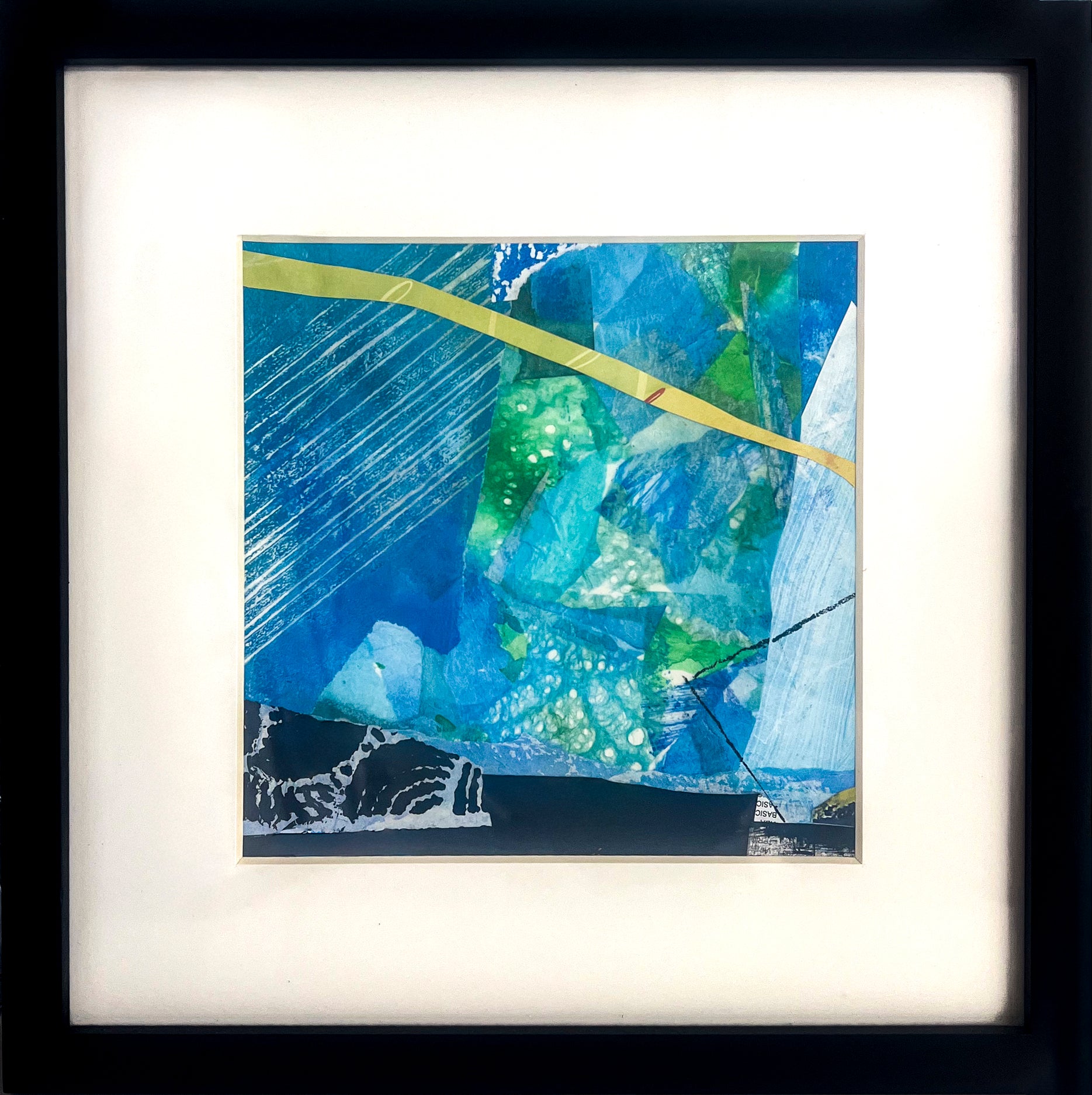 Framed 8"x8" abstract artwork with blue, green, and yellow colors; white mat, 1" black frame; artist Bob Hogue