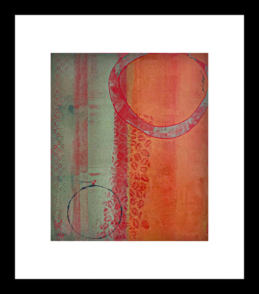 Abstract art piece with circular shapes and textured patterns using red/orange and green palette; frame w/white mat and black wood; artist Bob Hogue