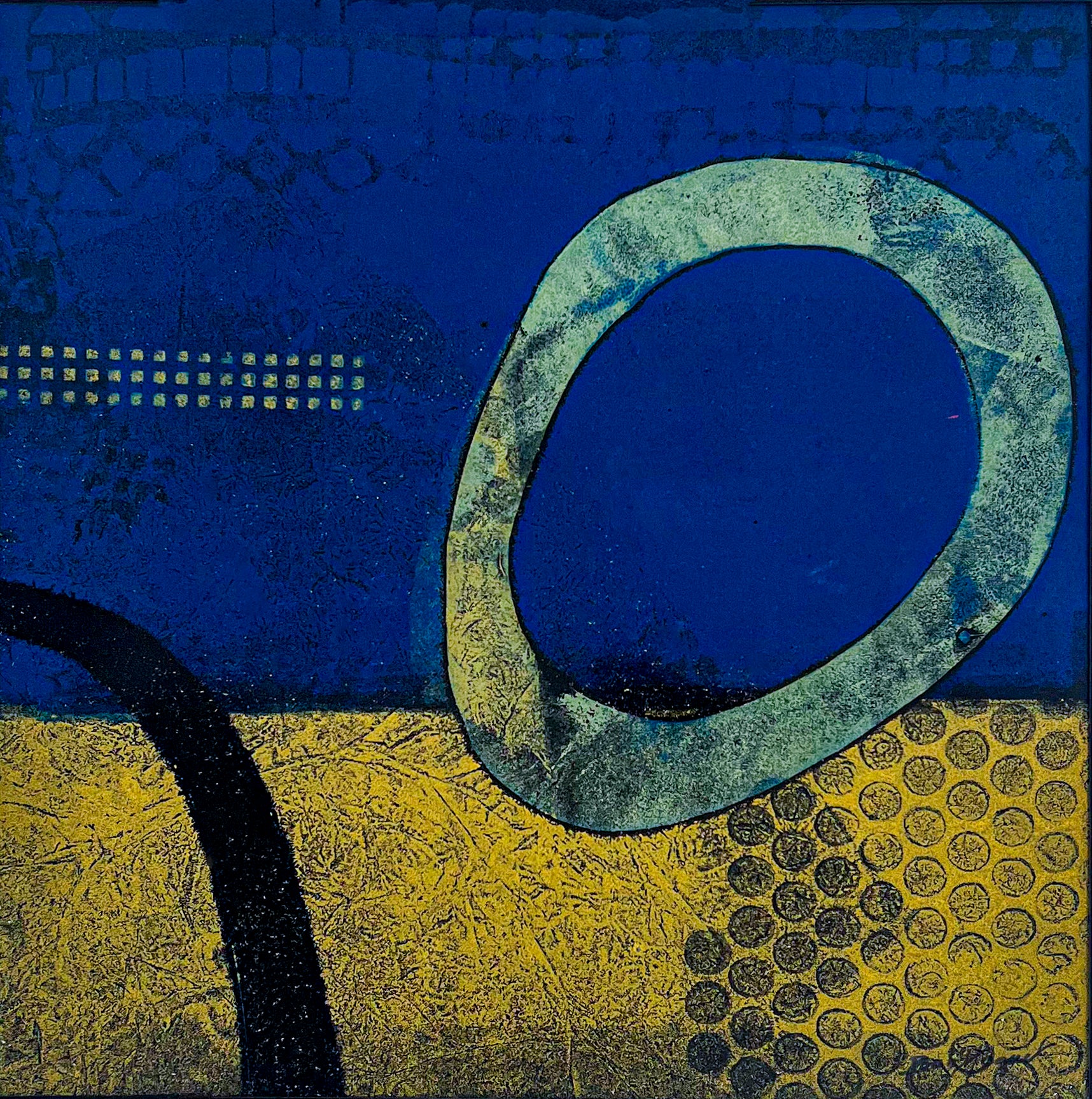 Abstract art piece with blue and yellow background and black textured elements;  artist Bob Hogue