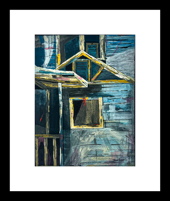 Abstract painting using suggestions of a structure, window, wood boards, railing; palette of blues with yellow highlights; artist Bob Hogue; framed w/white mat and black wood