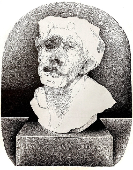 This pen and ink drawing is of a bust seen at the Musée D´Orsay. The face appears tormented. Davis has used small dots to convey the bust in light and shadow.