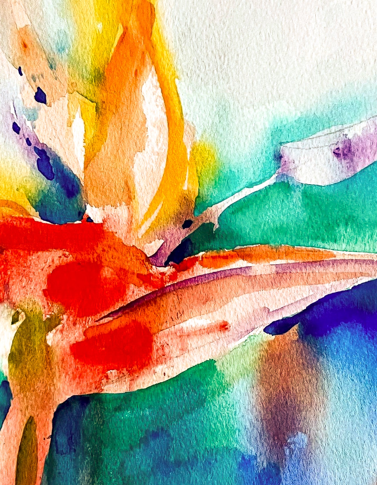 Closeup detail of colorful watercolor painting of Bird of Paradise, using red, yellow for flower, green, blue for background; artist Teri Gammalo