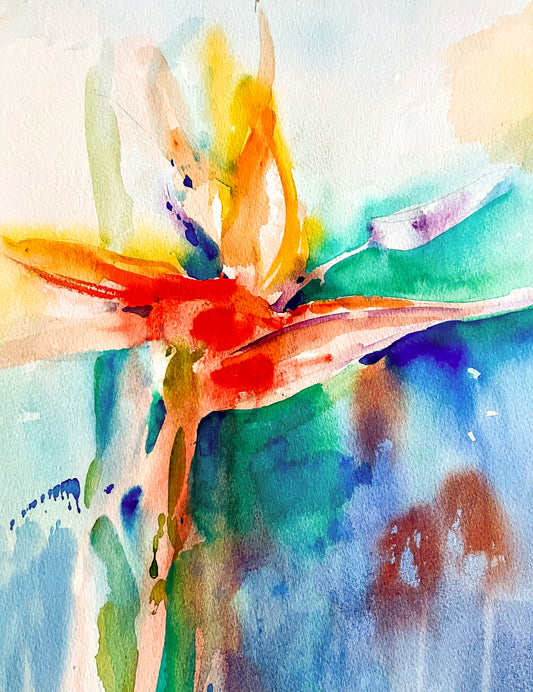 Colorful watercolor painting of Bird of Paradise, using red, yellow for flower, green, blue for background; artist Teri Gammalo