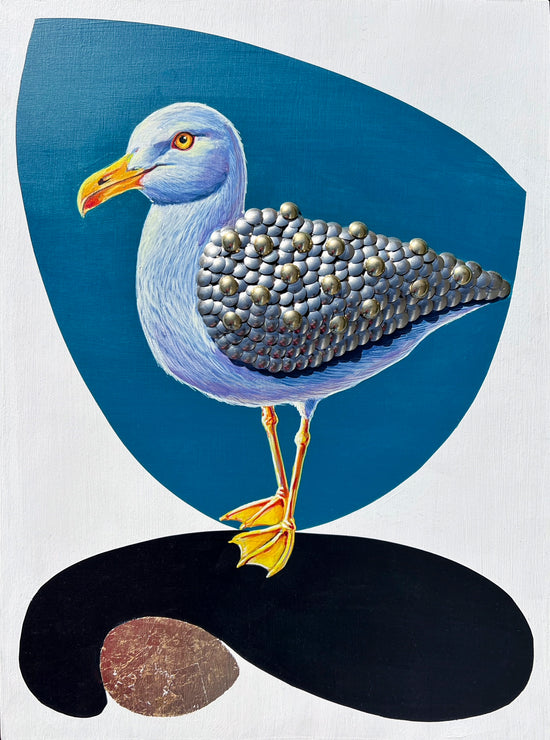 Acrylic painting in blues, whites, and black titled 'Seagull' of seagull by artist Marie Lavallee; painting enhanced with gold and silver leaf, pushpins, and furniture tacks; measures 12