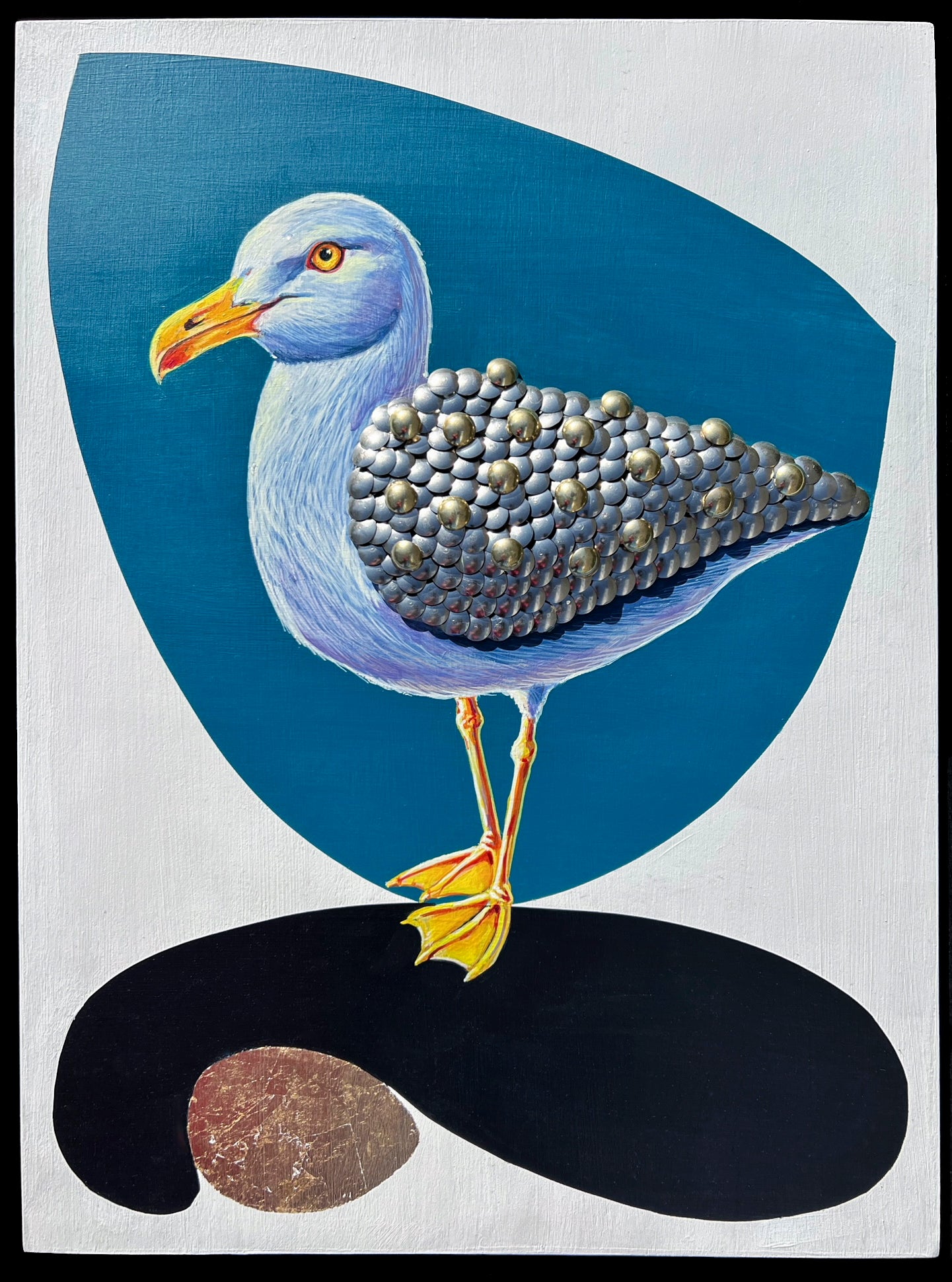 Acrylic painting in blues, whites, and black titled 'Seagull' of seagull by artist Marie Lavallee; painting enhanced with gold and silver leaf, pushpins, and furniture tacks; measures 12"Wx16"H; w/black wood floater frame;