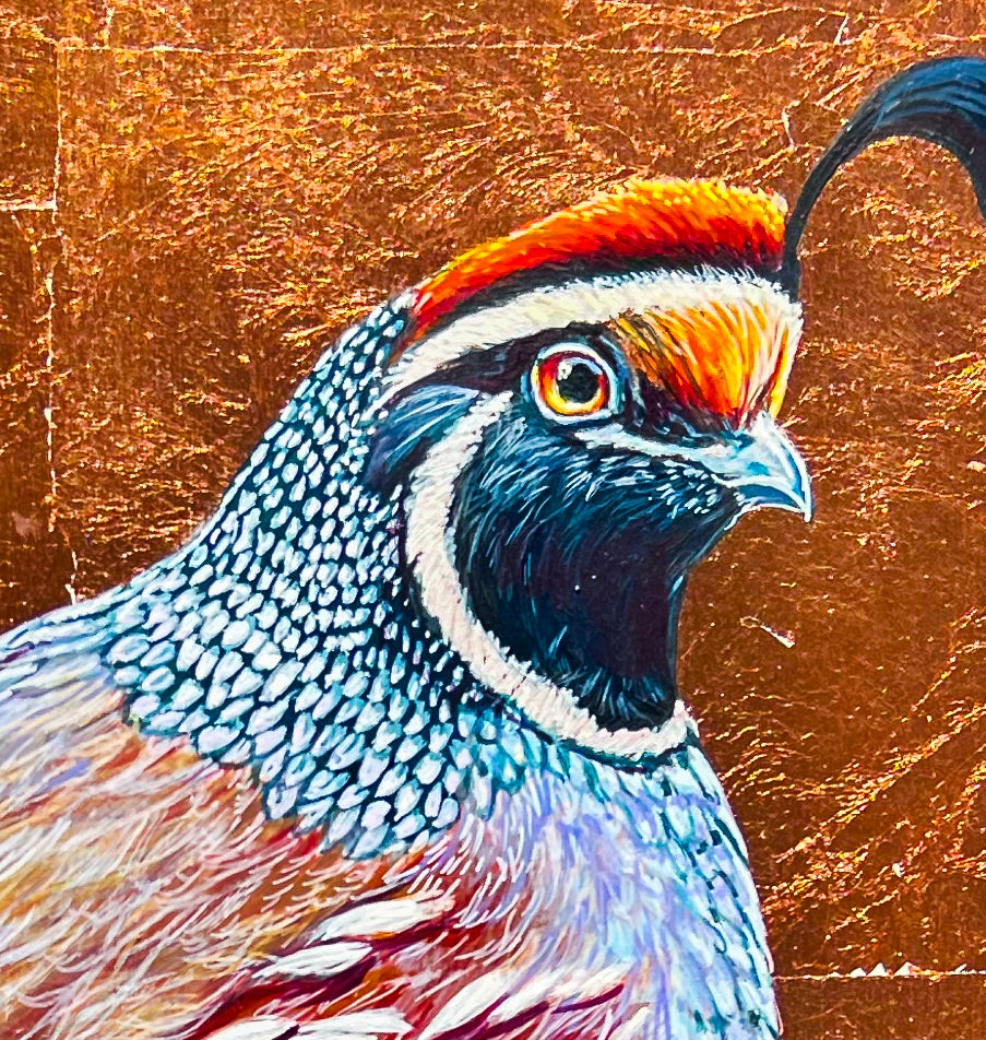  Head detail of colorful painted image of quail using reds and blues; quail standing on lavender base against copper leaf background; 12"x16"; artist Marie Lavallee