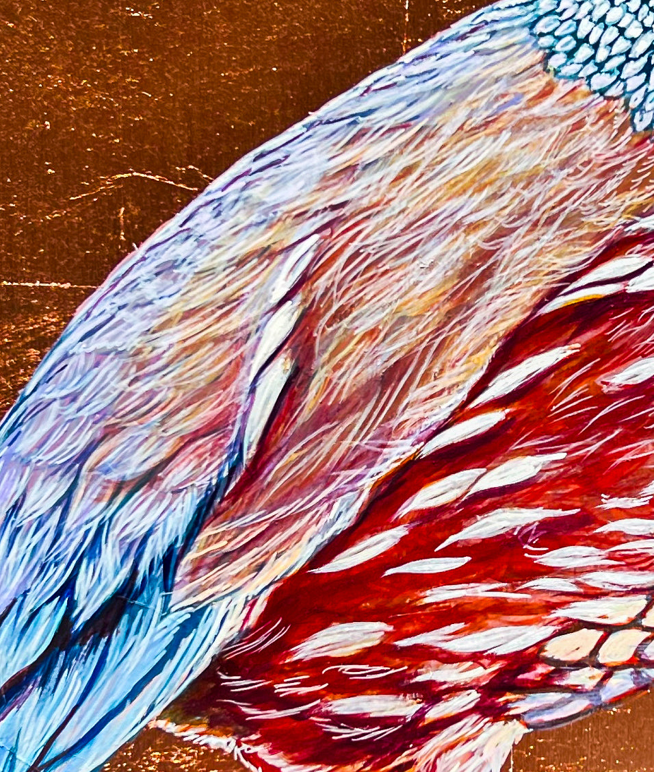 Feather detail of colorful painted image of quail using reds and blues; quail standing on lavender base against copper leaf background; 12"x16"; artist Marie Lavallee