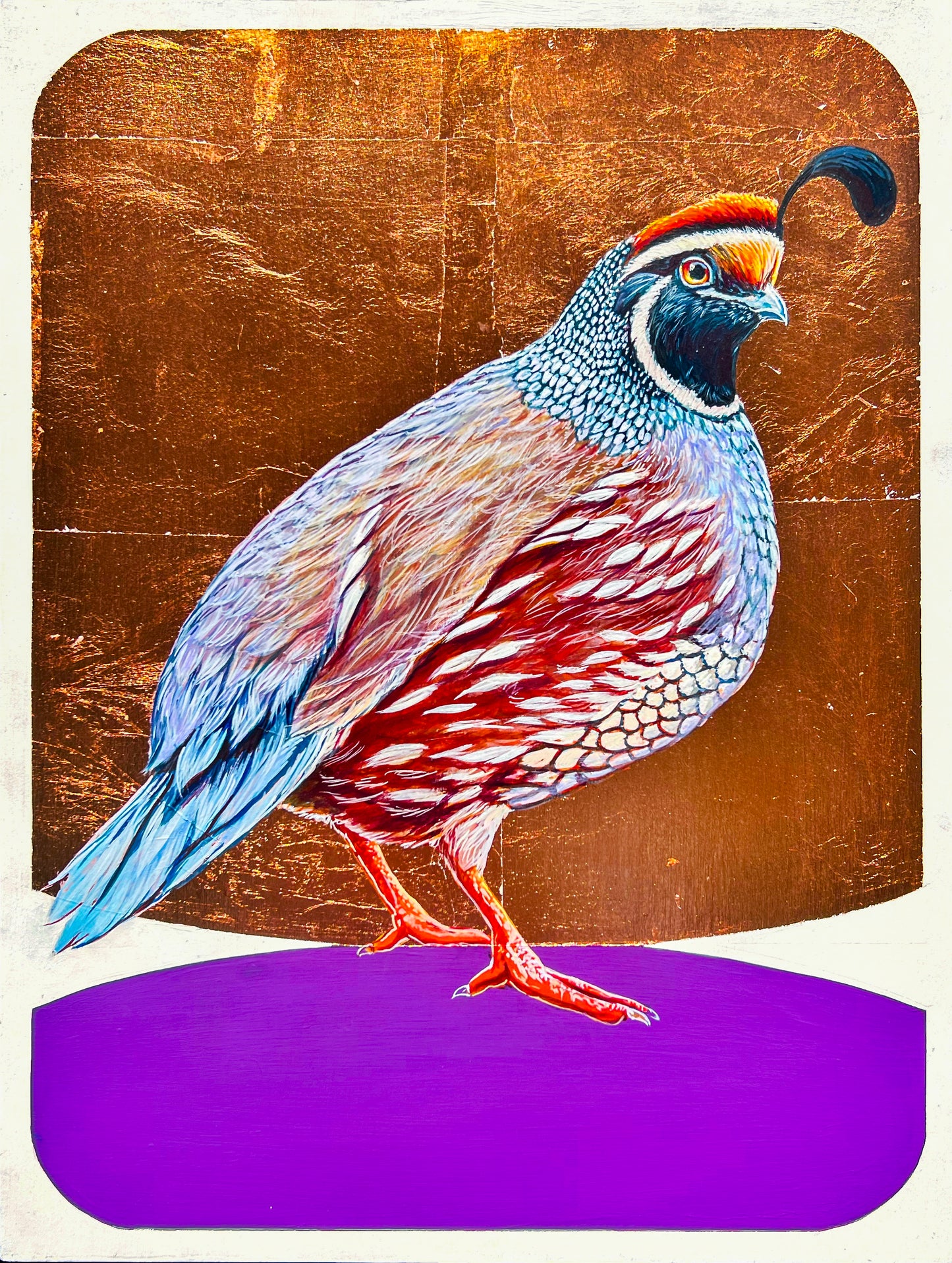 Colorful painted image of quail using reds and blues; quail standing on lavender base against copper leaf background; 12"x16"; artist Marie Lavallee 