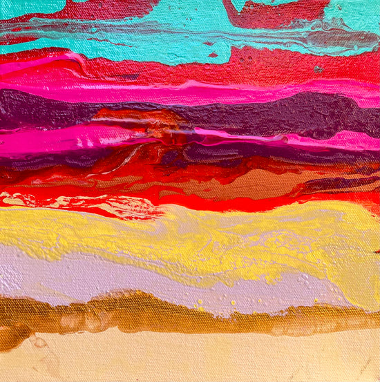 Abstract image with warm colors, reds, pinks, purples and yellows in a horizontal format. The top color is a teal blue.