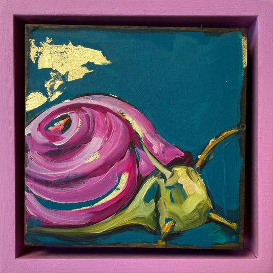 Colorful whimsical painting of a snail in blues and purples with touch of gold leaf; 5"x5" incl painted frame; artist Shaney Watters