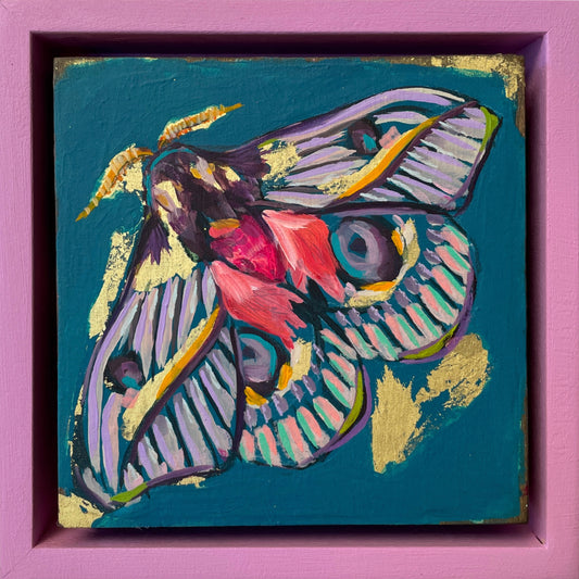 Colorful whimsical painting of a moth in blues, purples, pinks with touch of gold leaf; 5"x5" incl painted frame; artist Shaney Watters