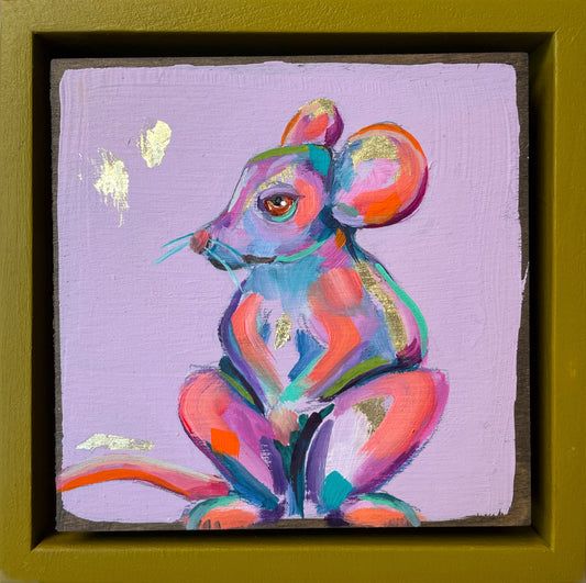 Colorful whimsical painting of a mouse in blues, purples, pinks with touch of gold leaf; 5"x5" incl painted frame; artist Shaney Watters