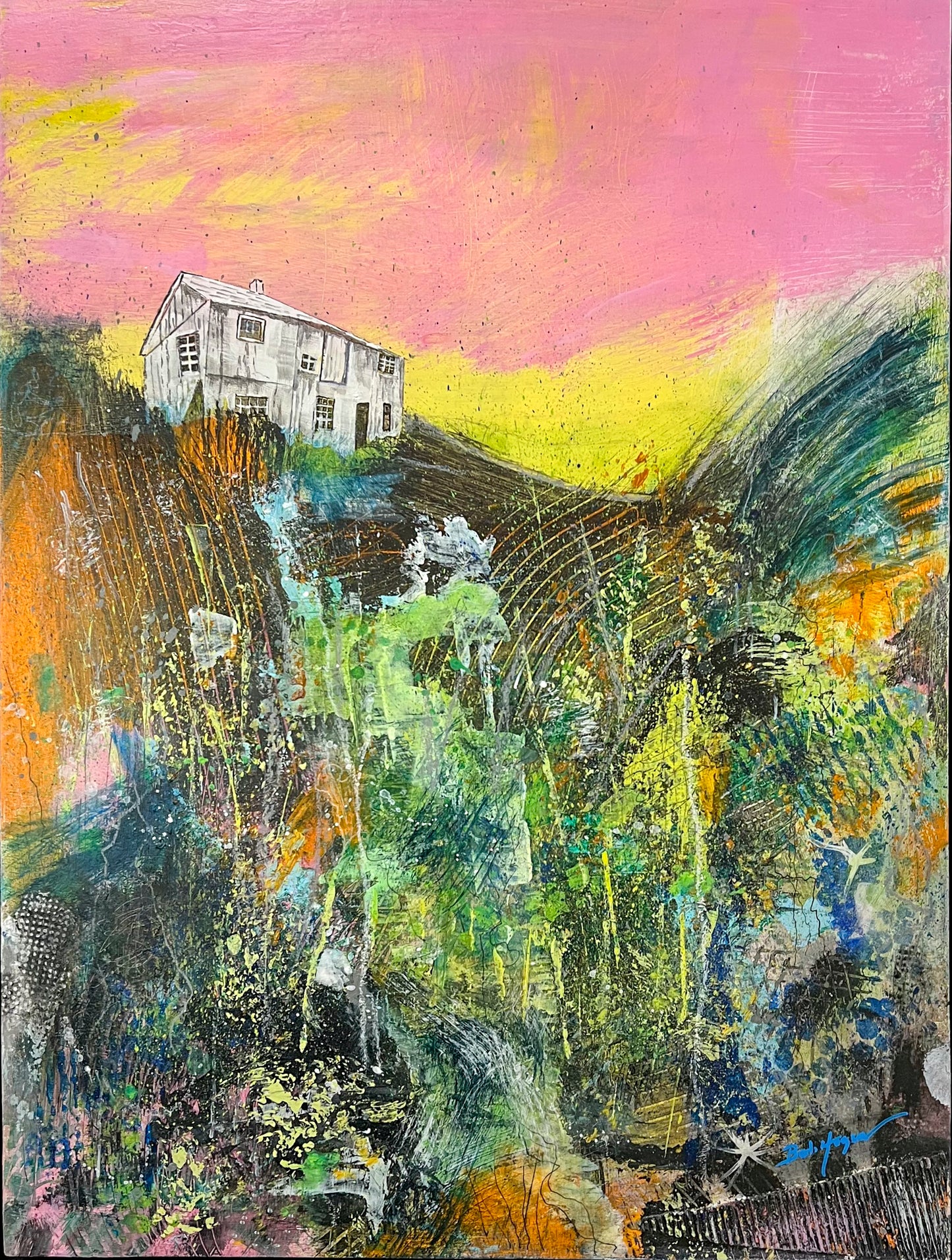 Abstract acrylic work shows a white house on the edge of a cliff at sunrise. Colors of brown, green, grey and white create an image of the side of the cliff; artist Bob Hogue; 18"Wx24"H