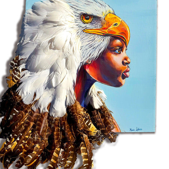 Wow! This pieces combines Marie Lavallee's talent as a painter with her love of natural textures. The image shows a face with an eagle headdress, partially painted and partially comprised of real feathers.