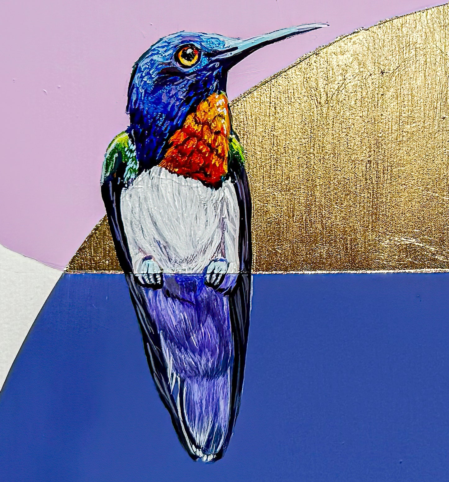 Closeup of one hummingbird sitting across from  another with a bumblebee  below; colorful lavenders and gold leaf background; 13"x13"; artist Marie Lavallee