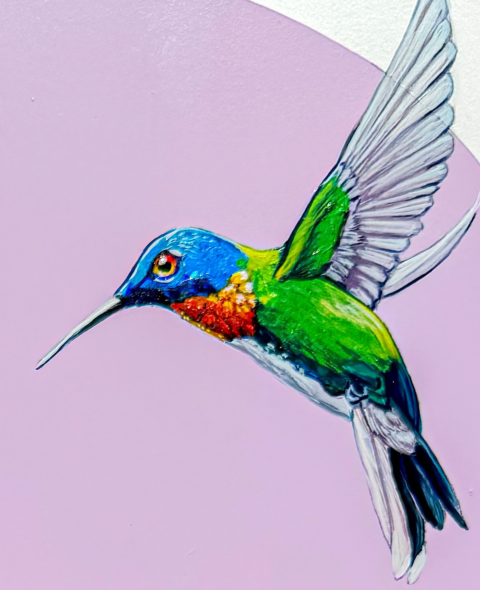 Closeup of one hummingbird across from  another with a bumblebee  below; colorful lavenders and gold leaf background; 13"x13"; artist Marie Lavallee