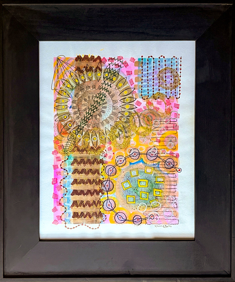 Colorful mixed media featuring numerous shapes, including zig zags, circles, lines, dots. Pen and ink; artist Jenifer Hernandez; 17"Wx20"H w/3" brown wood frame