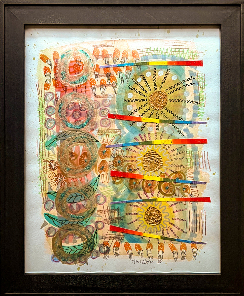 Colorful mixed media featuring numerous shapes, including zig zags, circles, lines, dots. Pen and ink; artist Jenifer Hernandez; 12.5"Wx15.5"H w/brown wood frame