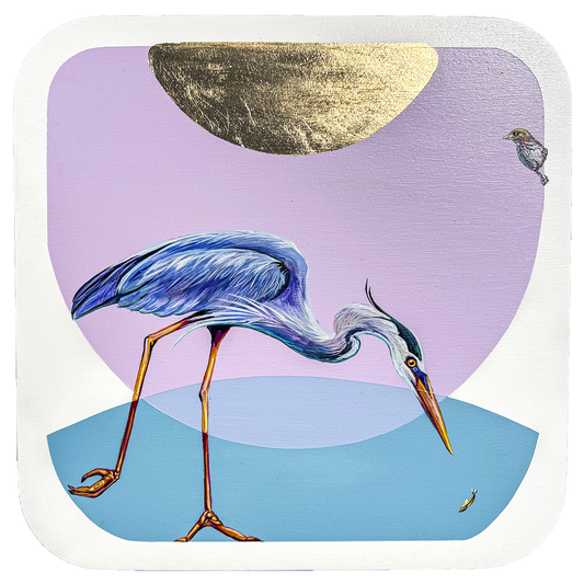 A blue heron dives for a small fish while a small bird watches from above. The background is comprised of blocks of color, lilac, teal and gold leaf. 