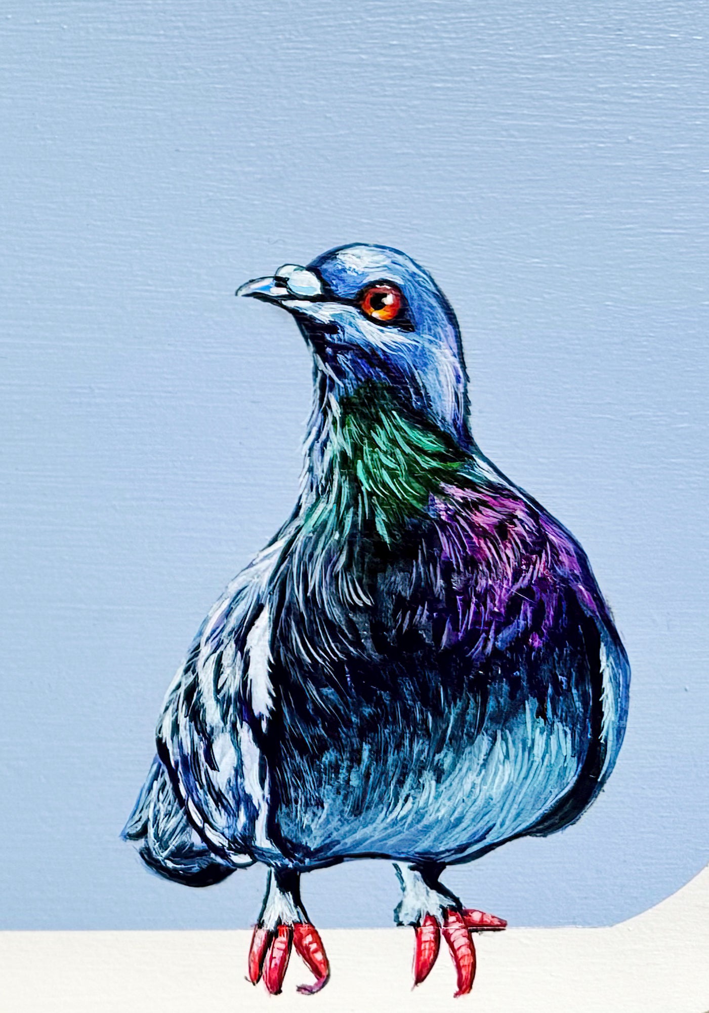 Closeup of roosting  pigeon; on lavender background w/gold leaf enhancement; 13"x13" artist Marie Lavallee