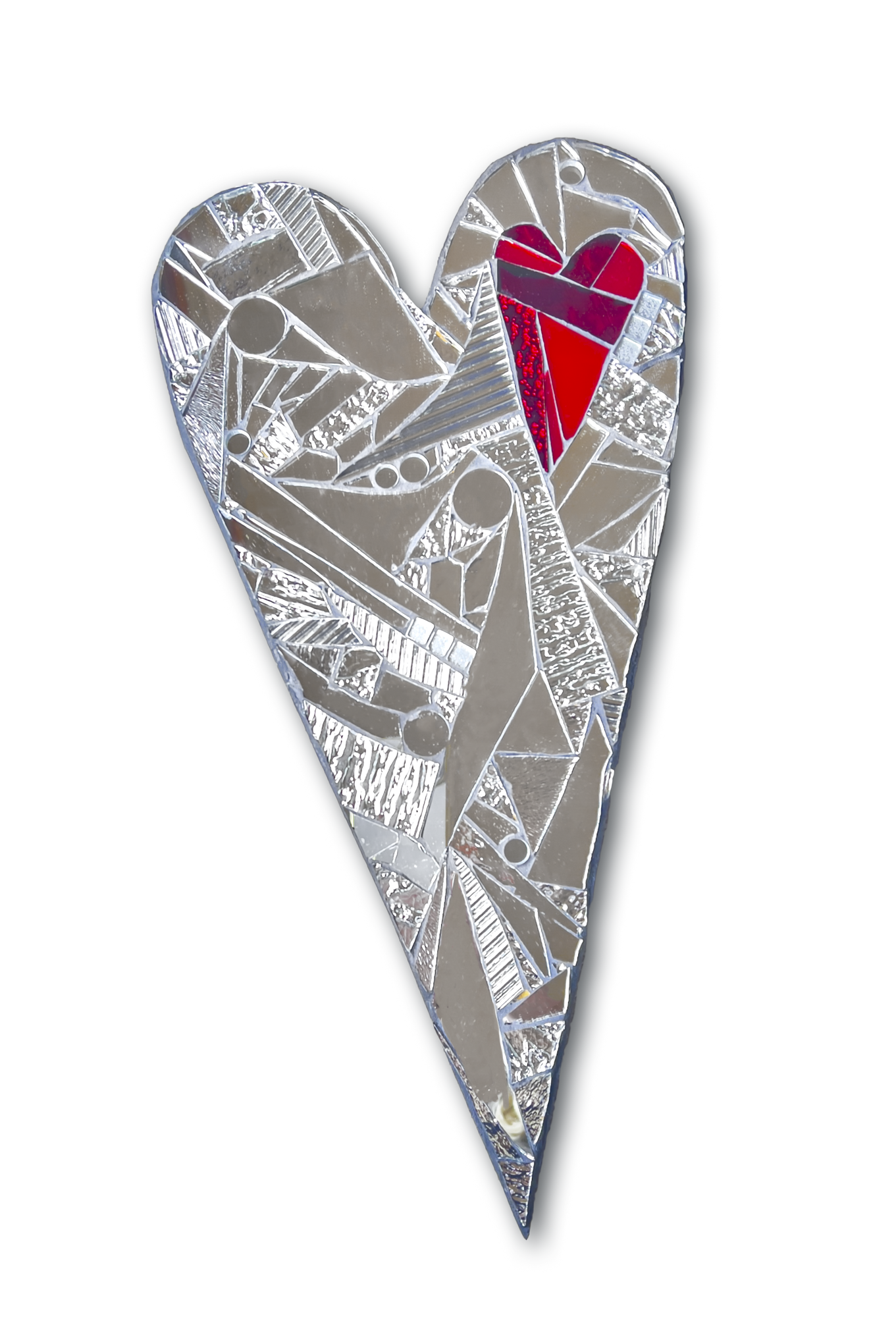 Heart-shaped mirrored-glass mosaic with small red mirror heart inset on a wood backing; 9"x18"; artist Denise Marshall