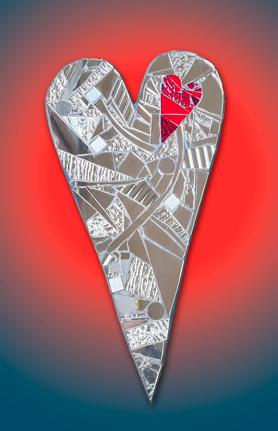 Heart-shaped mirrored-glass mosaic with small red mirror heart inset on a wood backing; 10.5