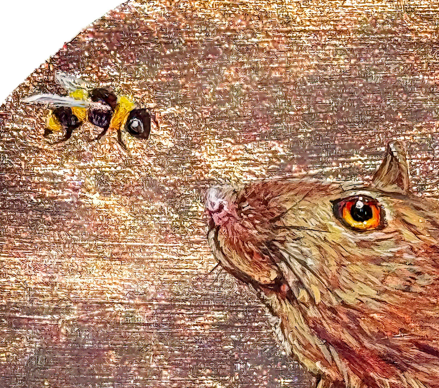 Closeup of a  cute mouse making friends with a bee; Acrylic with copper leaf background; 8"x8"; Marie Lavallee