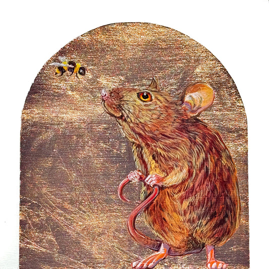 A cute mouse making friends with a bee; Acrylic with copper leaf background; 8"x8"; Marie Lavallee