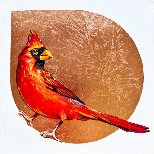 A bright red cardinal clinging to a drop of copper leaf background; 8"x8"; artist Marie Lavallee