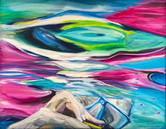 Abstract image resembling a perspective from underwater with blues, greens, whites and brilliant pink. At the bottom of the painting is a swimmer with a diving mask.