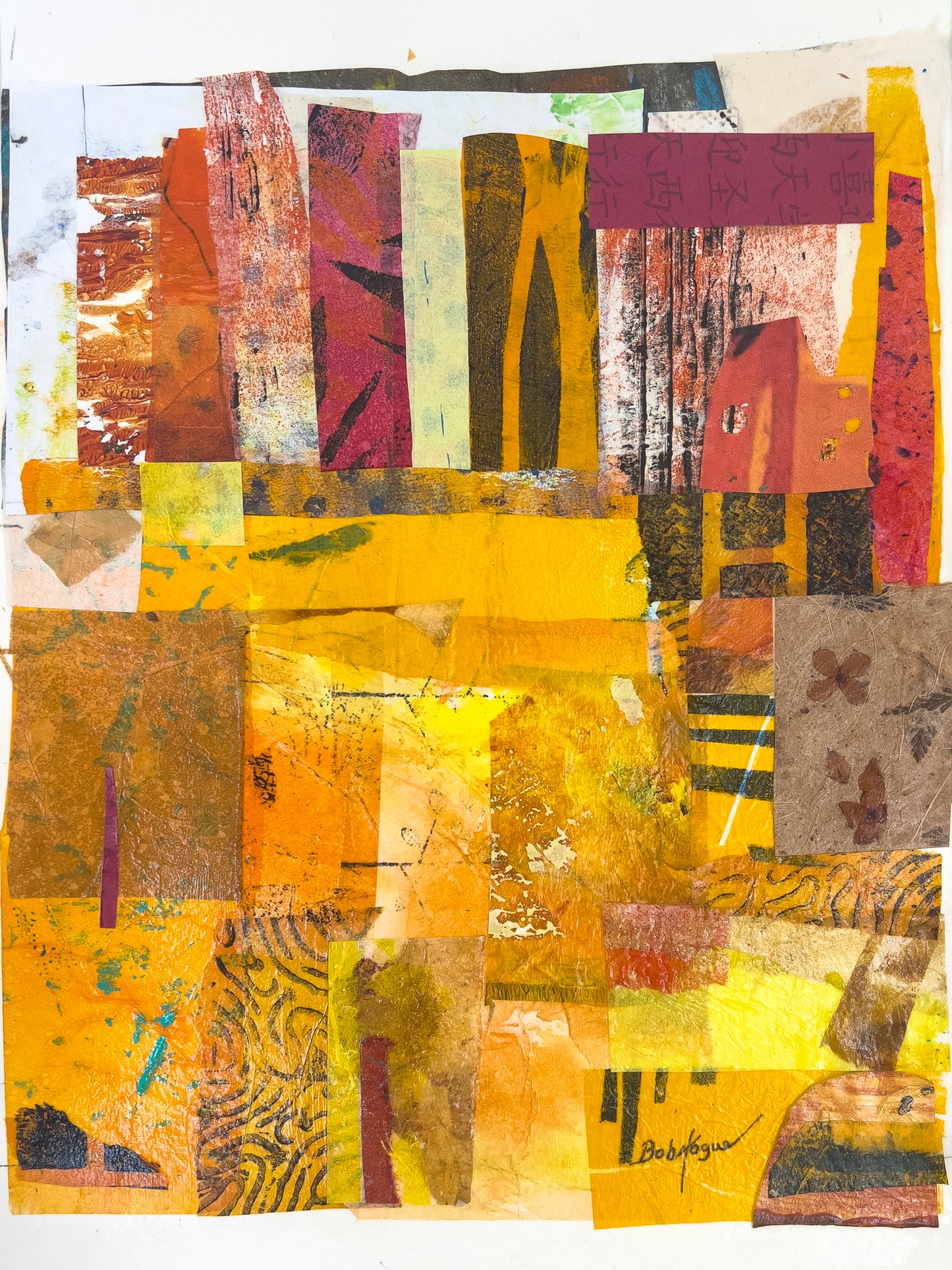 Colorful abstract collage comprised of a series of warm palette paper strips. Each strip shows different shapes and colors; artist Bob Hogue