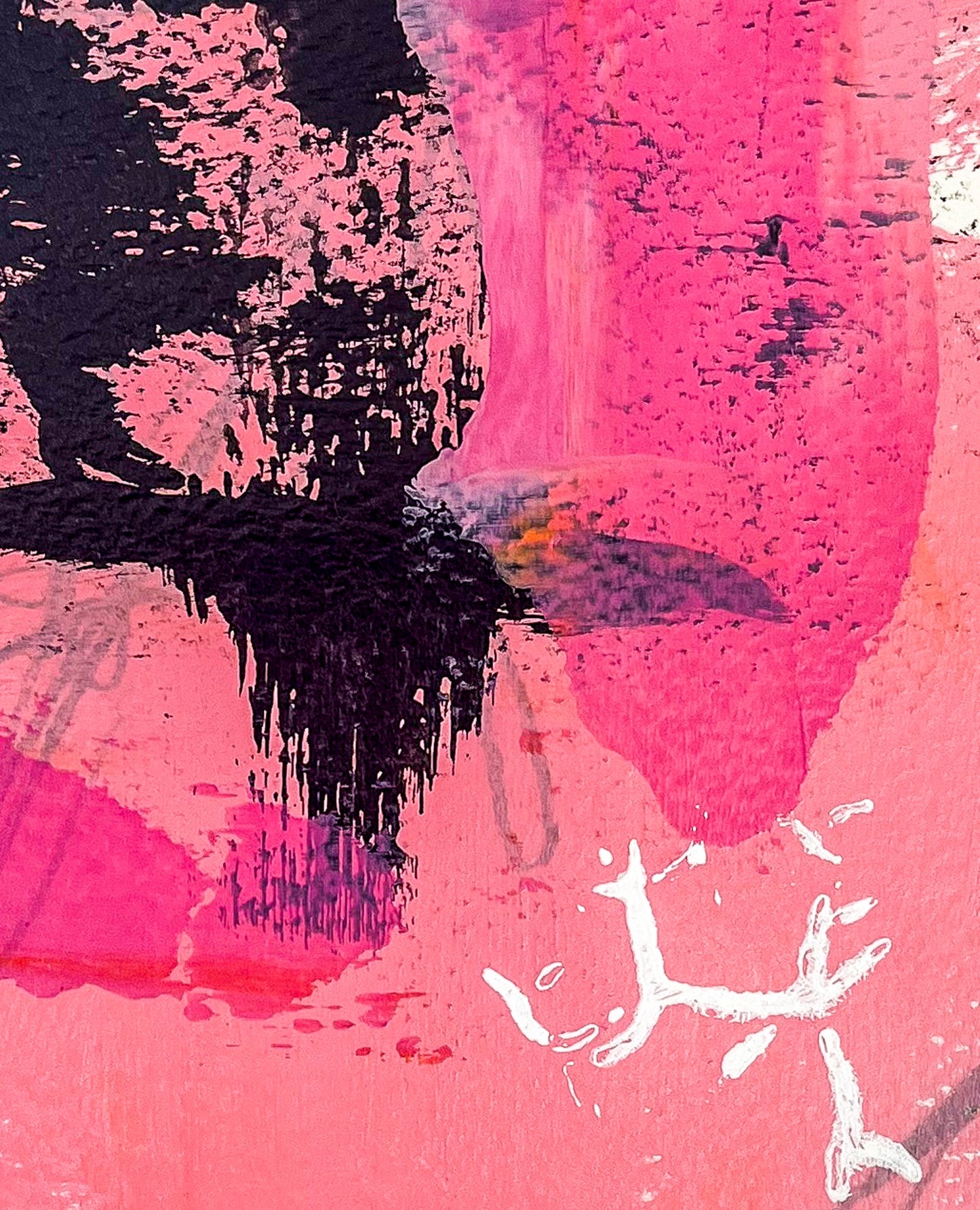 Colorful abstract painting in strong pink hues w/black used for contrast; Close up of image showing the textures of the palette knife appiication.