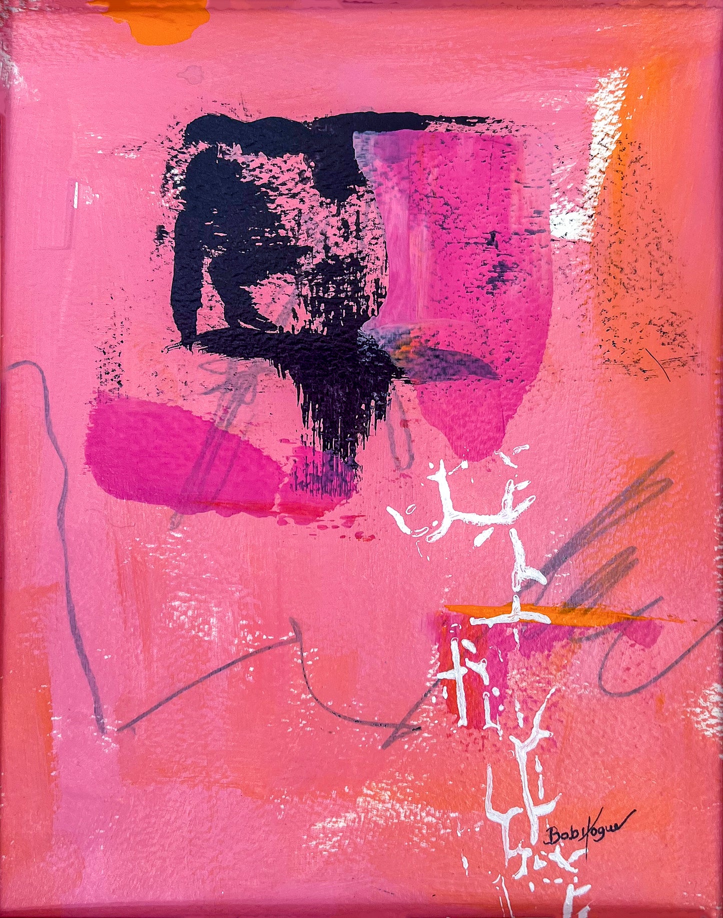 Colorful abstract painting in pink and orange hues with stenciled white markings and black contrast elements; artist Bob Hogue