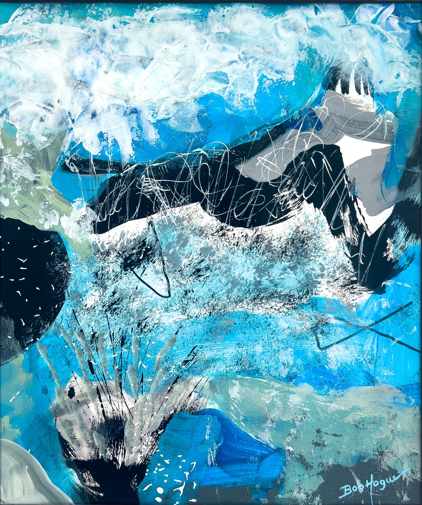 Abstract image in hues of blue, white and black. A dark image is in the center of the piece, left for interpretation.