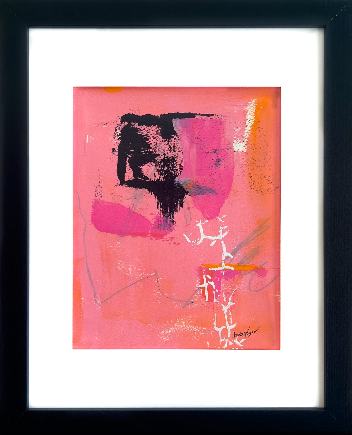   Colorful abstract painting in strong pink hues w/black used for contrast displayed in black wood frame with white mat; artist Bob Hogue