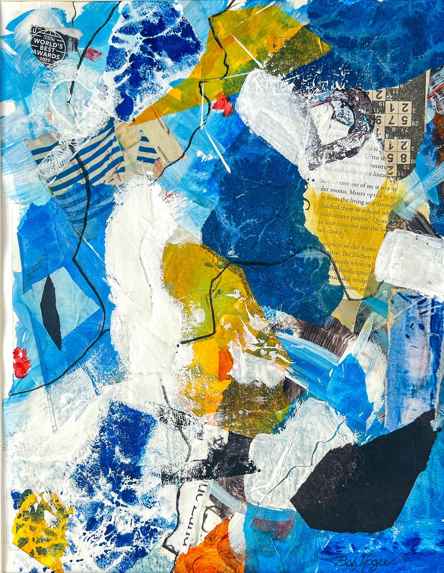 Abstract mixed media piece in hues of blue, yellow, white and black. Image includes newsprint and collage papers.