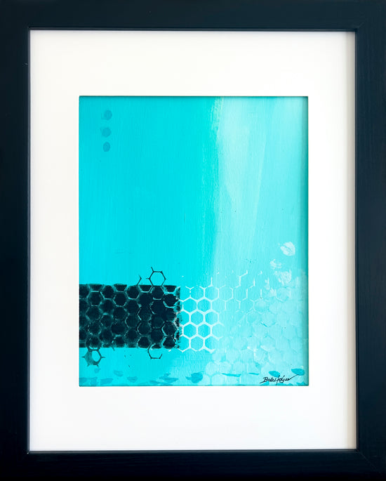 Striking acrylic painting with turquoise background embellished with blocks of black and stenciled white; artist Bob Hogue; shown in a black wooden frame with white mat. 