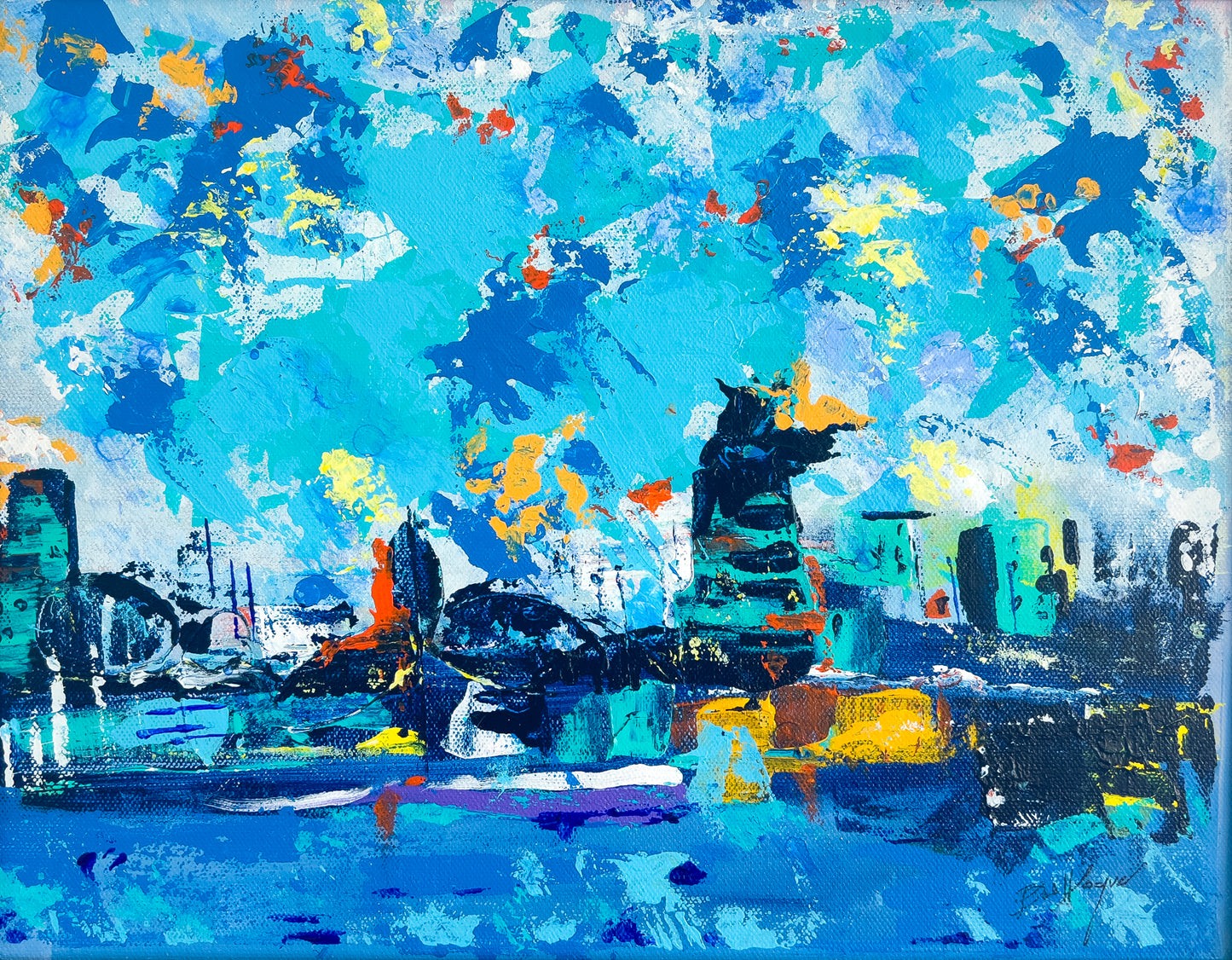 Colorful abstract painting with a blue palette with hints of yellow, red and whites. The image, though abstract, resembles a city skyline; artist Bob Hogue