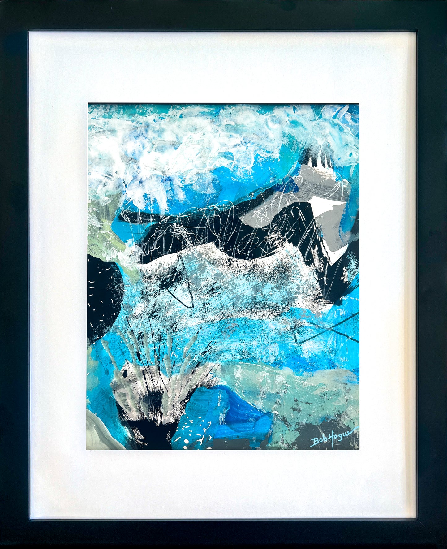 Abstract image in hues of blue, white and black. A dark image is in the center of the piece, left for interpretation; shown framed with white mat and black wood frame; artist Bob Hogue