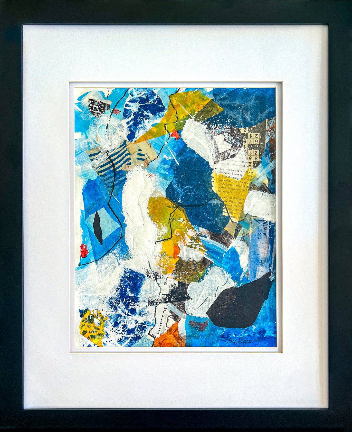 Abstract mixed media piece in hues of blue, yellow, white and black. Image includes newsprint and collage papers.Framed image of painting in black wooden frame with white mat.