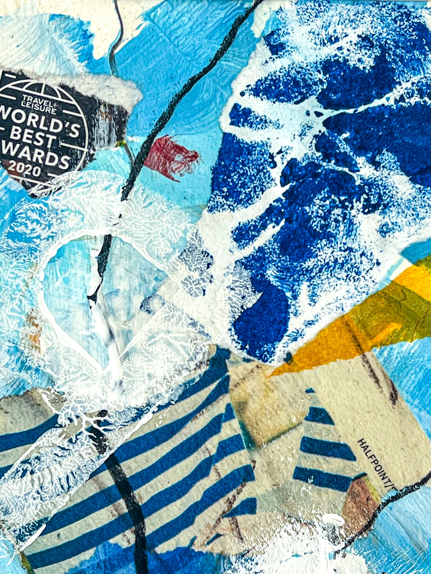 Close up of another section of the painting showing the collage aspect with stencil prints and added papers including  a piece that reads World's Best Awards