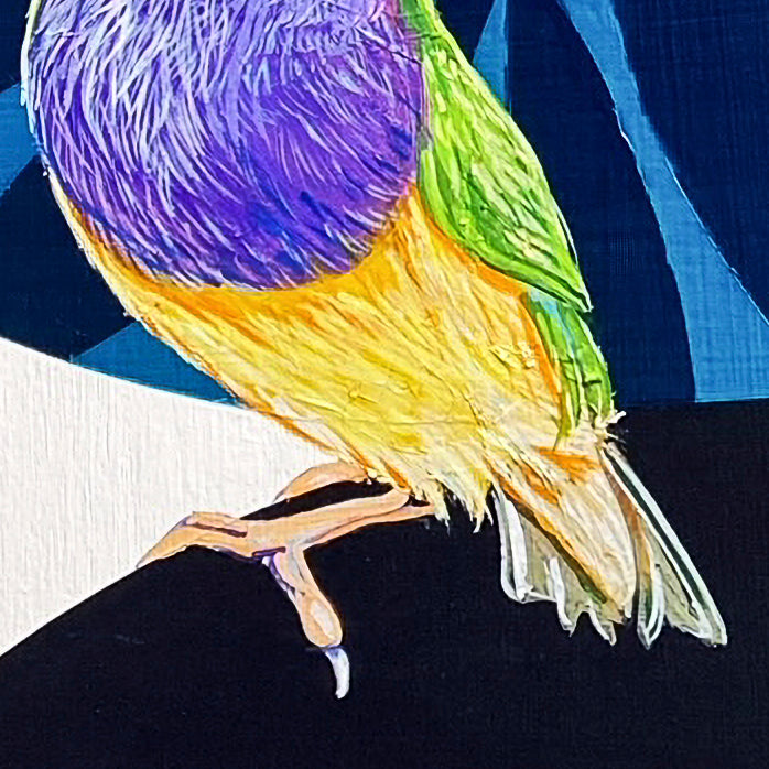 Acrylic painting of two blue, green and yellow finches are shown with a blue leaf background with black and gold leaf accents; closeup of bird detail; artist Marie Lavallee; 12"Wx16"H