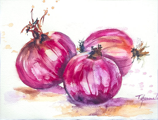 Three red onions in hues of purple and brown in still life form. The browning of the onion's peel is reflected in Teri's careful brushstrokes.