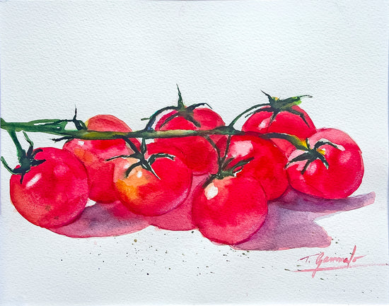 Eight fresh tomatoes are still on the vine in this still life painting by Teri Gammalo. The piece includes Teri's signature